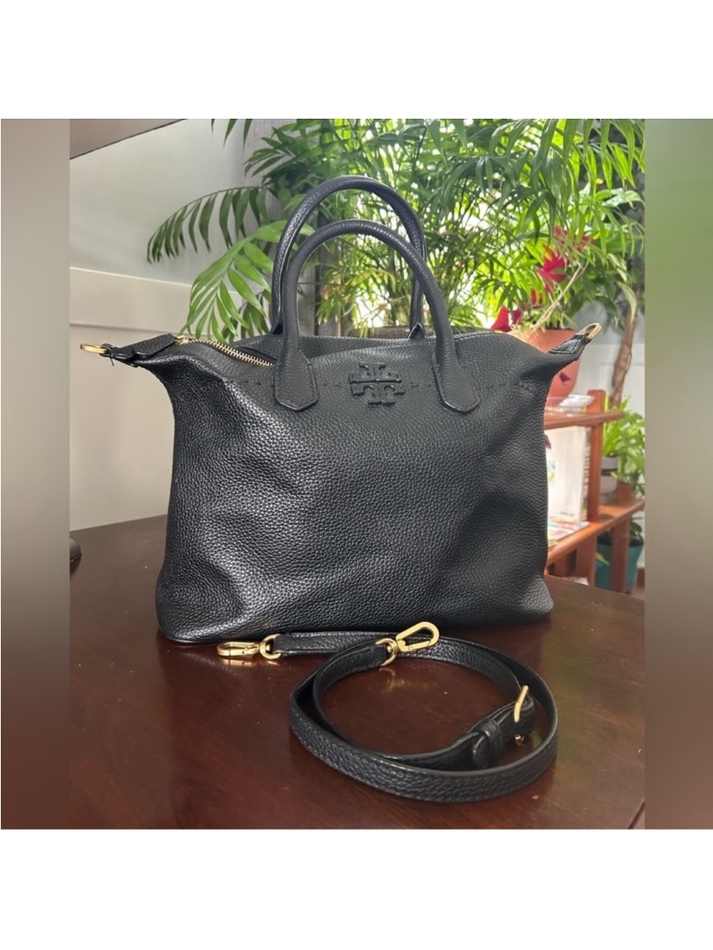 Tory Burch Black Pebbled Leather Satchel with Gold Hardware